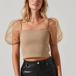 ASTR the Label Organza Puff Sleeve Smocked Crop Top